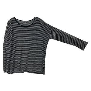 Nwot VINCE Top Women L Linen 100% Black White Stripe Slit-Side Long-Sleeve